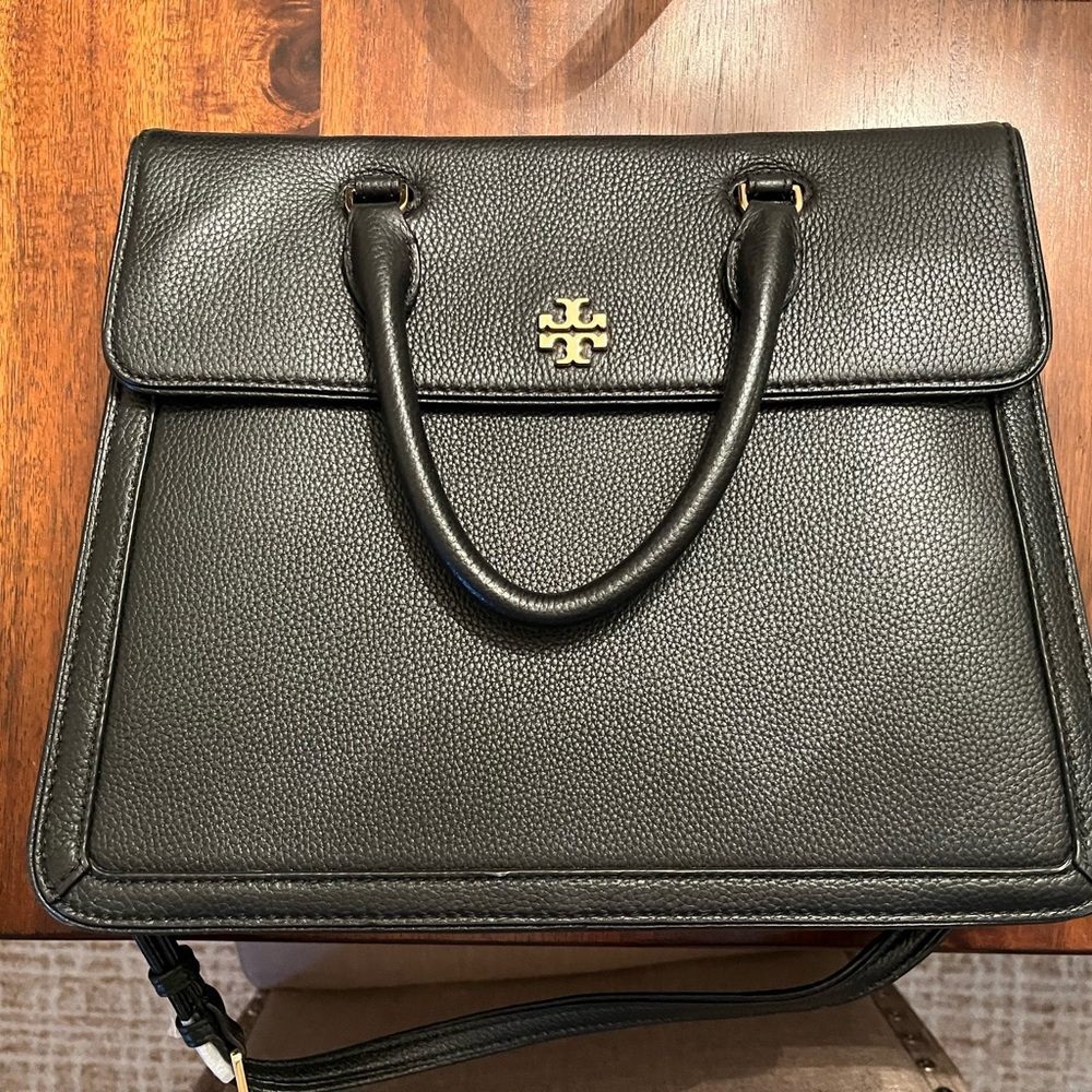 Tory Burch Black Leather Tote with Gold Emblem